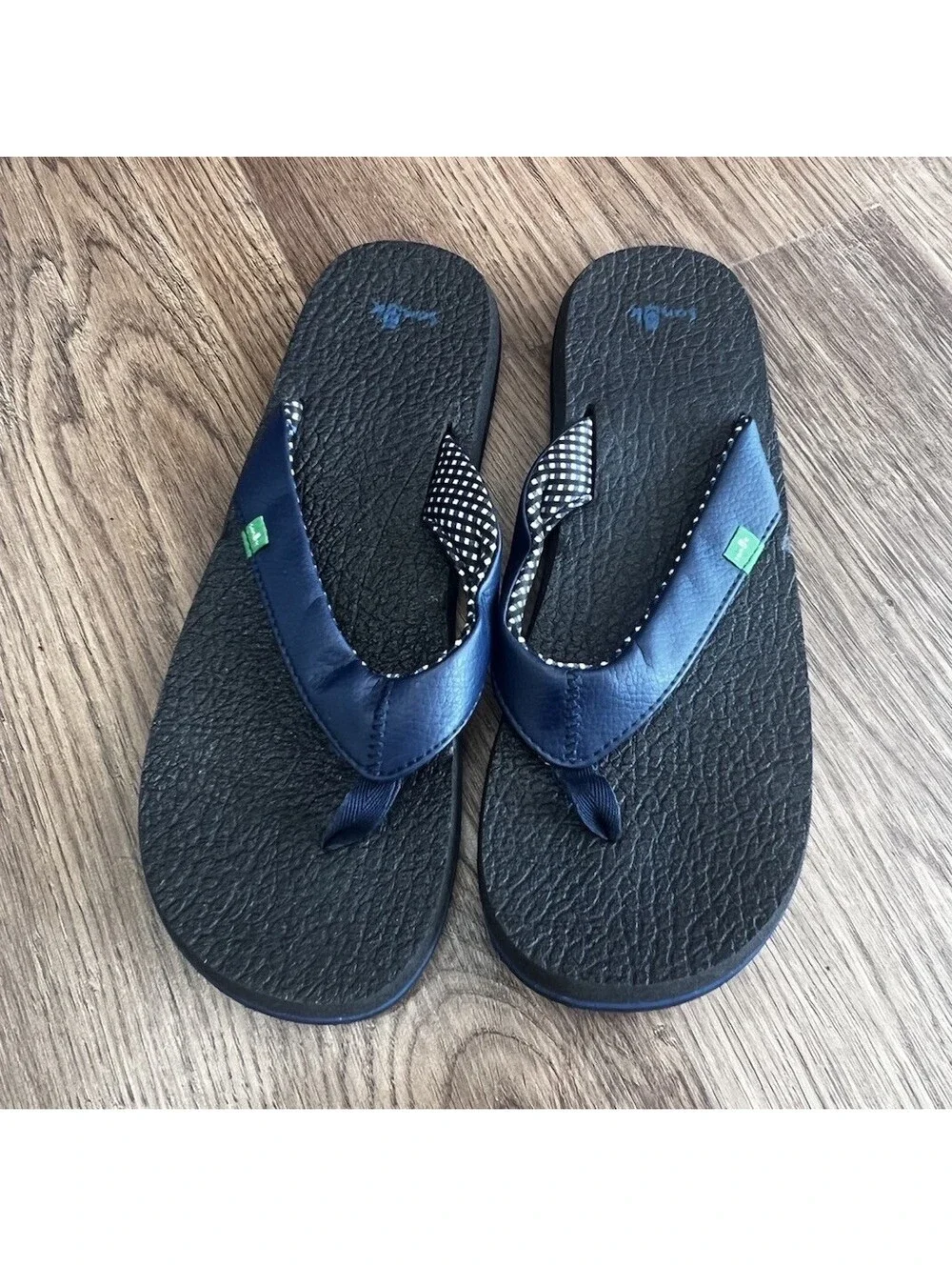 Sanuk Yoga Mat Flip Flops Womens 9 Navy Blue Leather Gingham Check SWS2908